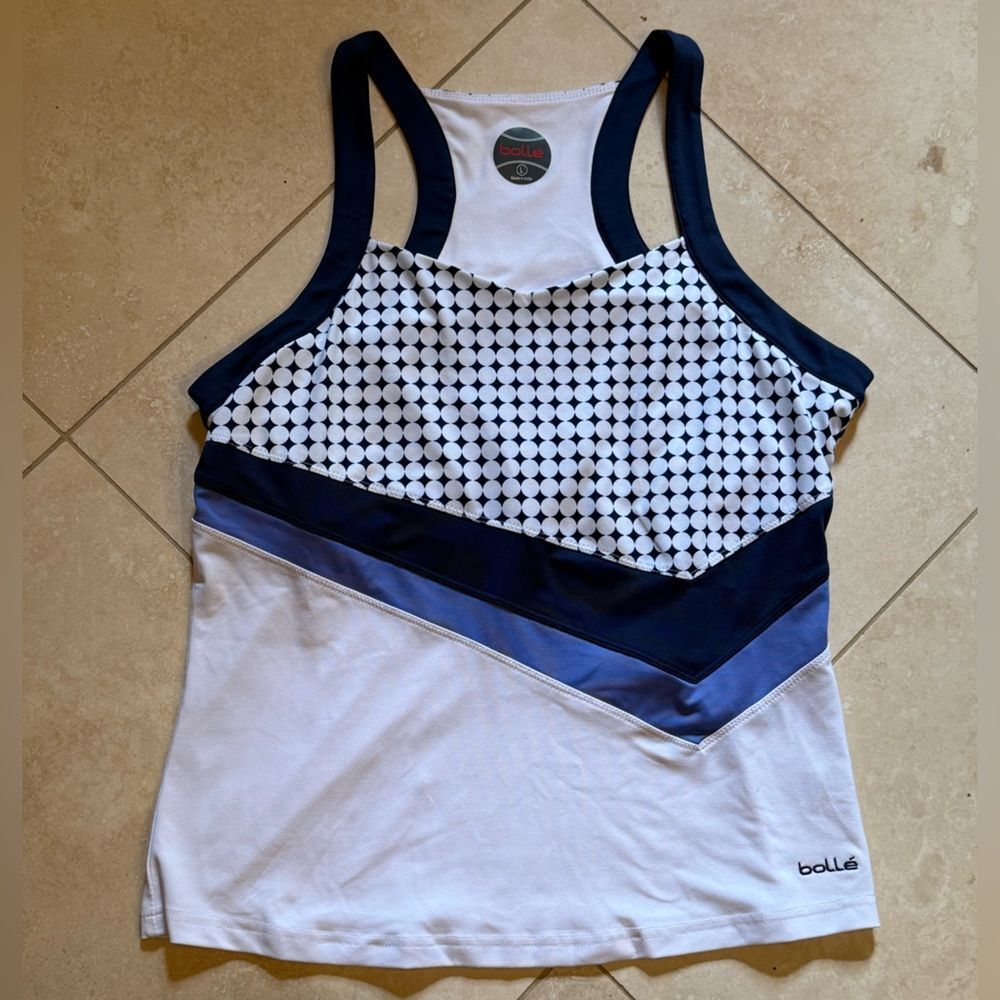 bolle White and Navy Geometric Racerback Tank Top